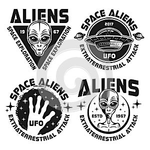 UFO and Aliens vector emblems, labels, badges