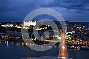 UFO Bridge at night in Bratislava, Slovakia