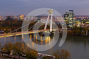 UFO Bridge in night light of Bratislava