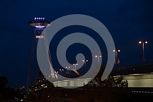 UFO Bridge over Danube River in Bratislava, Slovakia at night