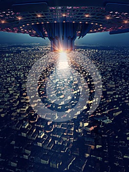 Ufo is on the city, 3d rendering