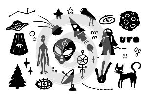 UFO collection elements for poster, banner, textile, nursery, cards. Mysterious paranormal things. Vector set illustration