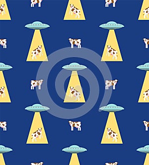 Ufo and cow pattern seamless. Alien flying saucer and cows background. Concept of extraterrestrial civilizations and Experiments