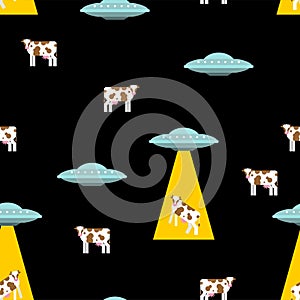 Ufo and cow pattern seamless. Alien flying saucer and cows background. Concept of extraterrestrial civilizations and Experiments