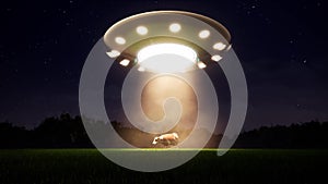 Ufo cow in retro style on light background. Country landscape. Alien space ship. Ufo flying spaceship abduction. Village