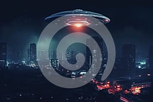 UFO in the dark sky over night city, AI generated