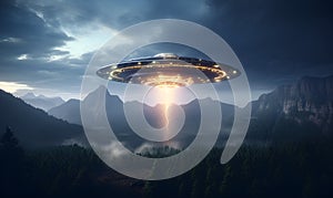 ufo with elevate beam in forest, ai generative