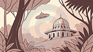 UFO Encounter Near an Ancient Temple in the Jungle Vector, vector design Generative AI photo
