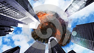 UFO explodes in the sky over skyscrapers 3D rendering