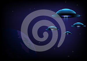 UFO explores the planet earth, planet or moon in the night sky. with an abstract space layer, an unidentified flying object