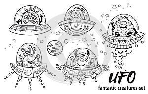 UFO. Fantastic creatures set in outline. Vector illustration. Coloring book