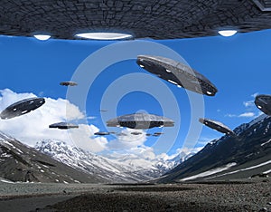 UFO fleet formation in the mountains