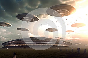ufo fleet hovering above planet, with their occupants taking part in sporting events