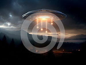 UFO flies over the night village. Alien flying saucer. Interplanetary transport of the future. Unidentified flying object
