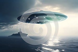 UFO flies over sea towards merchant vessel for abduction