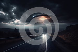 UFO floating above roadway with car at midnight. Bright light beams car. AI generated