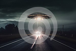 UFO floating above roadway with car at midnight. Bright light beams car. AI generated