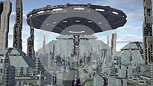 UFO flying above futuristic pyramid city