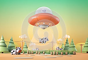 UFO flying with alien and abduct a cow.