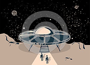 UFO flying saucer, landed on planet, two disembarked aliens, ufo disk in cosmos