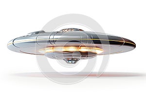 UFO , flying saucer, spacecraft made of silver metal isolated on white background. AI Generative