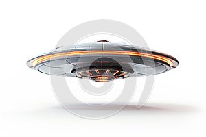 UFO , flying saucer, spacecraft made of silver metal isolated on white background. AI Generative