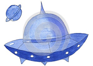 UFO flying saucer. Watercolor illustration of a cartoon spaceship. Unidentified flying object and planet. Cosmonautics