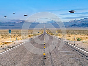 UFO Flying Saucers hovering above the Extraterrestrial Highway in Nevada