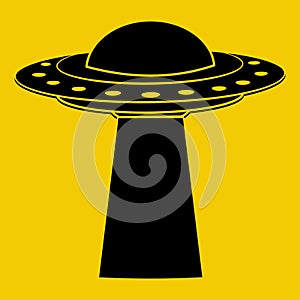 UFO. Flying spaceship in black color. UFO render. Flying saucer. Alien space ship in flat style, isolated on yellow background.