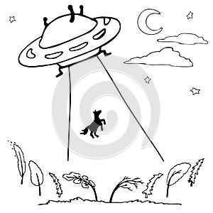 UFO flying spaceship. World UFO Day. A flying saucer kidnaps someone. Vector illustration