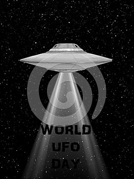 Ufo flying spaceship. World UFO Day. Flying saucer. rappresentation of and UFO with a light