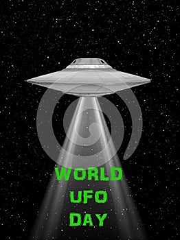 Ufo flying spaceship. World UFO Day. Flying saucer. rappresentation of and UFO with a light