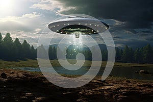 ufo in the forest with a flying alien, Alien UFO UAP abduction, AI Generated