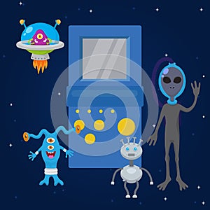 UFO game cartoon characters and spaceships with game gadget vector illustration. Fantastic rockets, ufo and alient