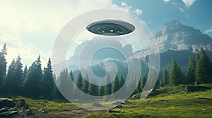 A UFO hovered over a clearing in the mountains.