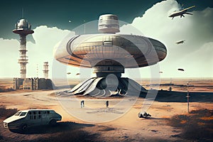 ufo, hovering above landing pad at cosmodrome, with other strange and mysterious aircraft nearby