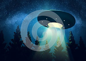Ufo is hovering over the trees. Digital painting 3d render mix photo