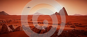 Ufo hovers over the mars landscape3d rendering photo