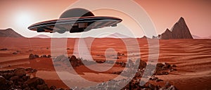 Ufo hovers over the mars landscape3d rendering