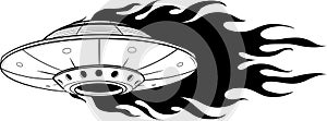 Ufo icon. Flying saucer. Black silhouette. Front side view.