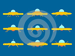 Ufo icon set in flat style. Collection of alien spaceships, space flying saucer. Alien spacecrafts. Icon design for print, banners