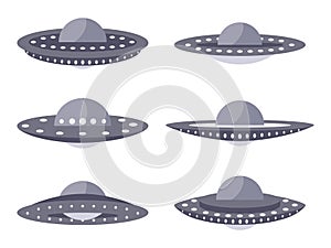 Ufo icon set isolated on white background. Collection of alien spaceships, space flying saucer. Alien spacecrafts. Icon design for