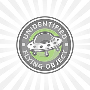 UFO icon. Unidentified flying object badge. Flying saucer spaces