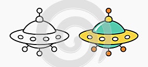 UFO icon, unknow flying object cartoon linear illustration for children coloring book, simple line child drawing, vector