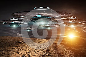 UFO invasion on planet earth landascape 3D rendering