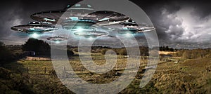 UFO invasion on planet earth landascape 3D rendering