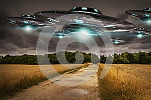 UFO invasion on planet earth landascape 3D rendering