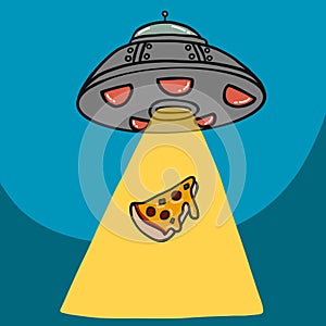 UFO kidnap piece of pizza cartoon  illustration