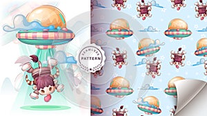 UFO kidnaps a cow - seamless pattern