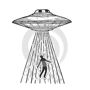 UFO kidnaps human sketch engraving vector photo